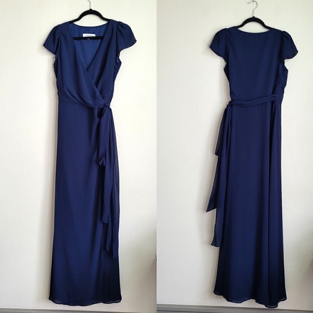 Ceremony by Joanna August Navy Blue Chiffon Aurele Cap-Sleeve Wrap Dress - Picture 2 of 5